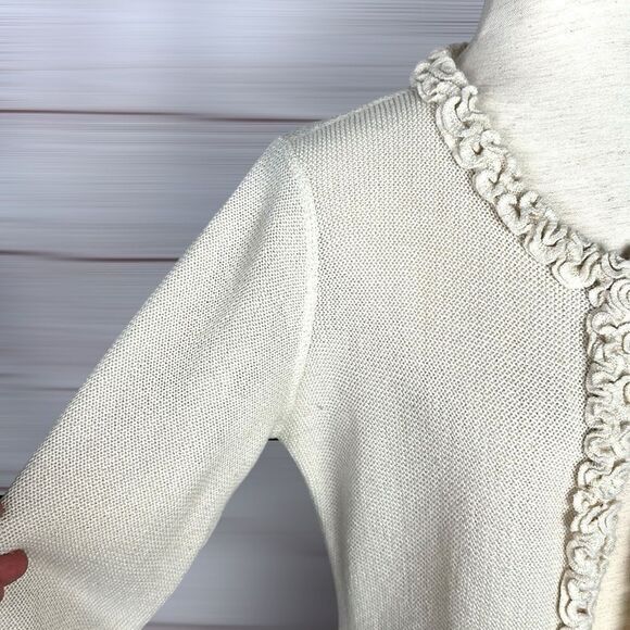 All Alpaca Ivory Cardigan Sweater Ruffle Details Hidden Button Closure M-L - Picture 5 of 14